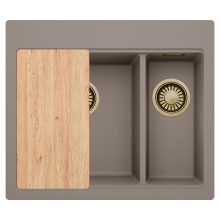 HD Aspen Tortora 58 kétmedencés gránit mosogatótálca, vágódeszkával, tortora színben, szálcsiszolt arany leeresztő szifonnal