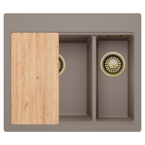 HD Aspen Tortora 58 kétmedencés gránit mosogatótálca, vágódeszkával, tortora színben, szálcsiszolt arany leeresztő szifonnal