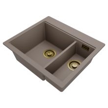 HD Aspen Tortora 58 kétmedencés gránit mosogatótálca, vágódeszkával, tortora színben, szálcsiszolt arany leeresztő szifonnal