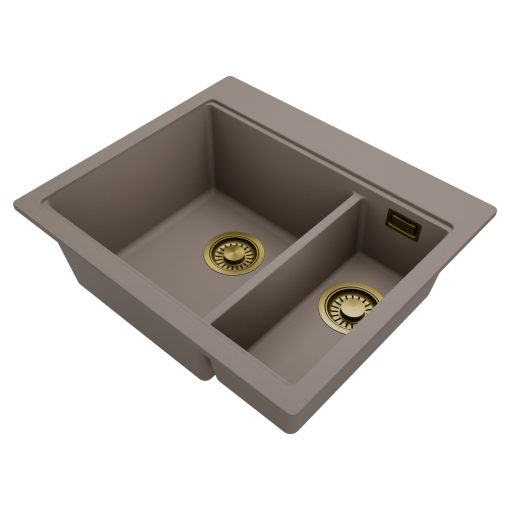 HD Aspen Tortora 58 kétmedencés gránit mosogatótálca, vágódeszkával, tortora színben, szálcsiszolt arany leeresztő szifonnal