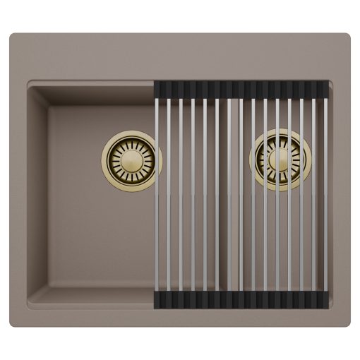 HD Aspen Tortora 58 kétmedencés gránit mosogatótálca szett, acél csepegtetőráccsal, tortora színben, szálcsiszolt arany leeresztő szifonnal