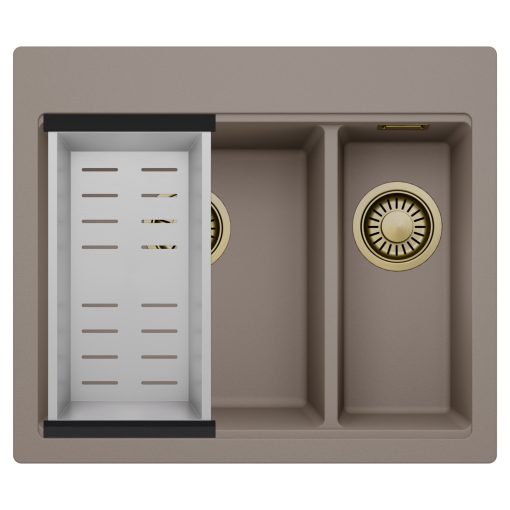 HD Aspen Tortora 58 kétmedencés gránit mosogatótálca szett, acél csepegtetőkosárral, tortora színben, szálcsiszolt arany leeresztő szifonnal