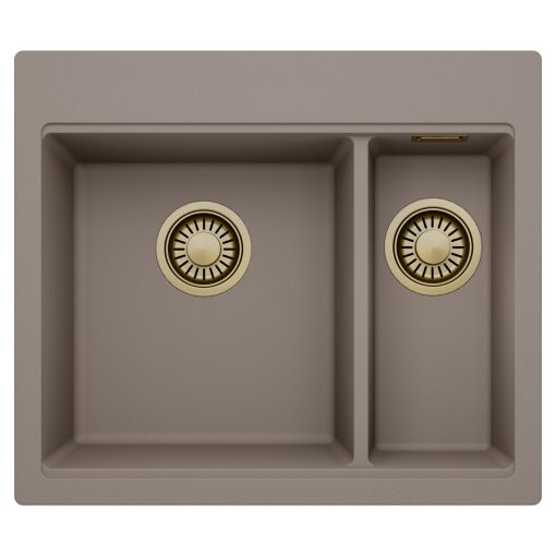 HD Aspen Tortora 58 kétmedencés gránit mosogatótálca, tortora színben, szálcsiszolt arany leeresztő szifonnal