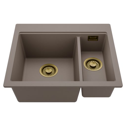 HD Aspen Tortora 58 kétmedencés gránit mosogatótálca, tortora színben, szálcsiszolt arany leeresztő szifonnal