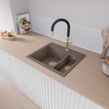 HD Aspen Tortora 58 kétmedencés gránit mosogatótálca, tortora színben, szálcsiszolt arany leeresztő szifonnal