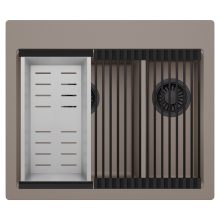 HD Aspen Tortora 58 kétmedencés gránit mosogatótálca szett, matt fekete csepegtetőráccsal és krómozott kosárral, tortora színben, matt fekete leeresztő szifonnal