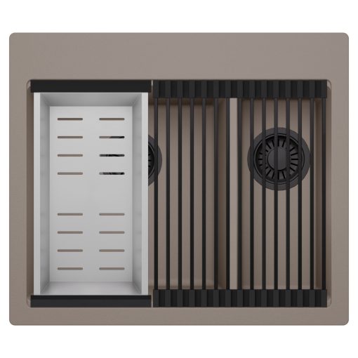 HD Aspen Tortora 58 kétmedencés gránit mosogatótálca szett, matt fekete csepegtetőráccsal és krómozott kosárral, tortora színben, matt fekete leeresztő szifonnal