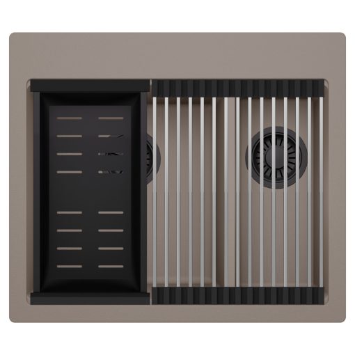 HD Aspen Tortora 58 kétmedencés gránit mosogatótálca szett, acél csepegtetőráccsal és matt fekete kosárral, tortora színben, matt fekete leeresztő szifonnal