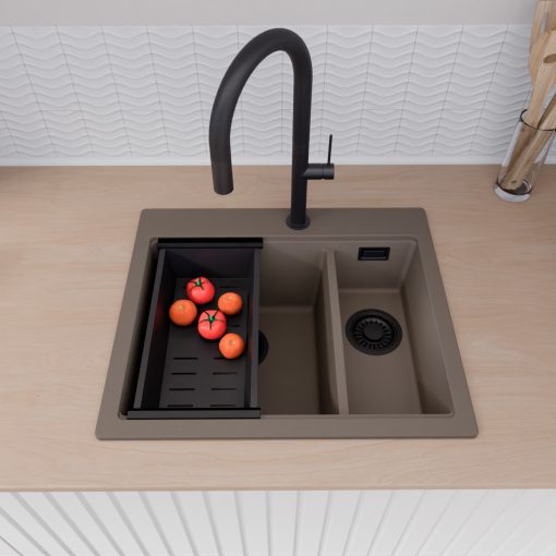HD Aspen Tortora 58 kétmedencés gránit mosogatótálca szett, acél csepegtetőráccsal és matt fekete kosárral, tortora színben, matt fekete leeresztő szifonnal