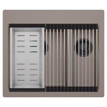 HD Aspen Tortora 58 kétmedencés gránit mosogatótálca szett, acél csepegtetőráccsal és kosárral, tortora színben, matt fekete leeresztő szifonnal