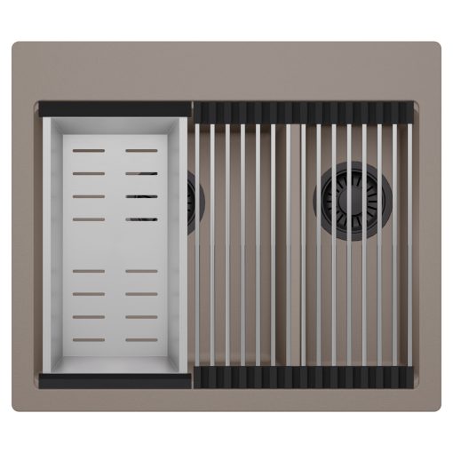 HD Aspen Tortora 58 kétmedencés gránit mosogatótálca szett, acél csepegtetőráccsal és kosárral, tortora színben, matt fekete leeresztő szifonnal