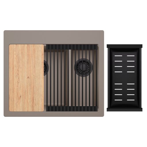 HD Aspen Tortora 58 kétmedencés gránit mosogatótálca szett, vágódeszkával, matt fekete csepegtetőráccsal és kosárral, tortora színben, matt fekete leeresztő szifonnal