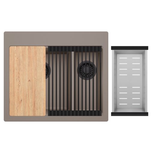 HD Aspen Tortora 58 kétmedencés gránit mosogatótálca szett, vágódeszkával, matt fekete csepegtetőráccsal és krómozott kosárral, tortora színben, matt fekete leeresztő szifonnal