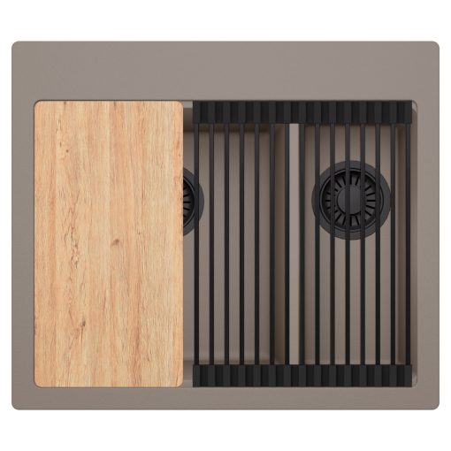 HD Aspen Tortora 58 kétmedencés gránit mosogatótálca szett, vágódeszkával, matt fekete csepegtetőráccsal, tortora színben, matt fekete leeresztő szifonnal