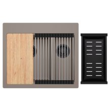 HD Aspen Tortora 58 kétmedencés gránit mosogatótálca szett, vágódeszkával, acél csepegtetőráccsal és matt fekete kosárral, tortora színben, matt fekete leeresztő szifonnal