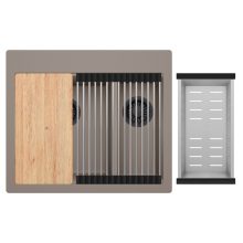 HD Aspen Tortora 58 kétmedencés gránit mosogatótálca szett, vágódeszkával, acél csepegtetőráccsal és kosárral, tortora színben, matt fekete leeresztő szifonnal