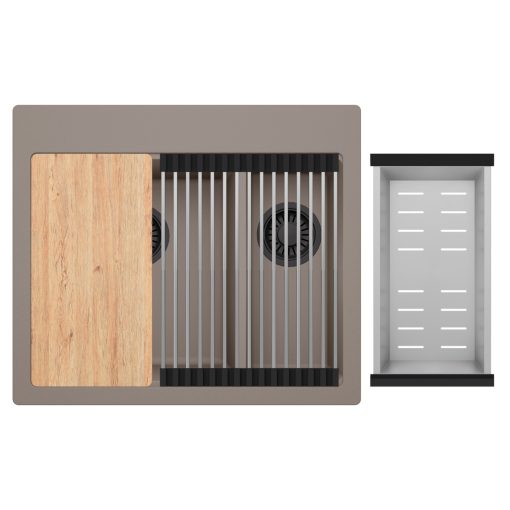 HD Aspen Tortora 58 kétmedencés gránit mosogatótálca szett, vágódeszkával, acél csepegtetőráccsal és kosárral, tortora színben, matt fekete leeresztő szifonnal