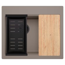 HD Aspen Tortora 58 kétmedencés gránit mosogatótálca szett, vágódeszkával, matt fekete csepegtetőkosárral, tortora színben, matt fekete leeresztő szifonnal