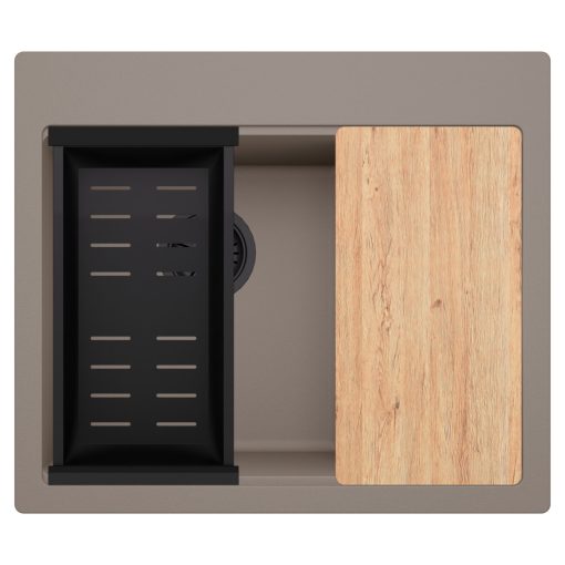 HD Aspen Tortora 58 kétmedencés gránit mosogatótálca szett, vágódeszkával, matt fekete csepegtetőkosárral, tortora színben, matt fekete leeresztő szifonnal