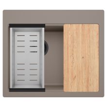 HD Aspen Tortora 58 kétmedencés gránit mosogatótálca szett, vágódeszkával, acél csepegtetőkosárral, tortora színben, matt fekete leeresztő szifonnal