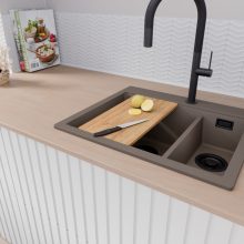 HD Aspen Tortora 58 kétmedencés gránit mosogatótálca szett, vágódeszkával, acél csepegtetőkosárral, tortora színben, matt fekete leeresztő szifonnal
