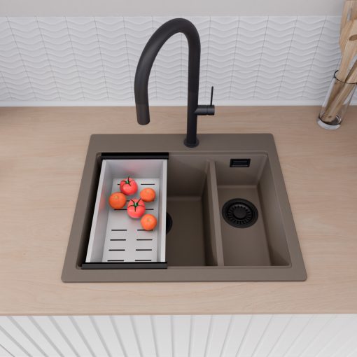 HD Aspen Tortora 58 kétmedencés gránit mosogatótálca szett, vágódeszkával, acél csepegtetőkosárral, tortora színben, matt fekete leeresztő szifonnal