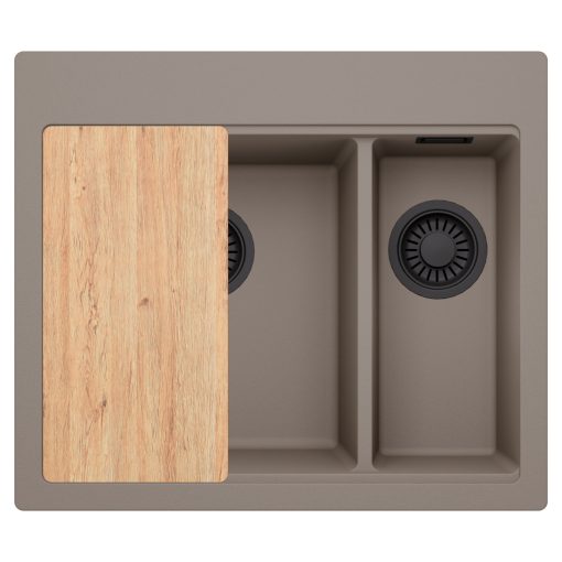 HD Aspen Tortora 58 kétmedencés gránit mosogatótálca, vágódeszkával, tortora színben, matt fekete leeresztő szifonnal