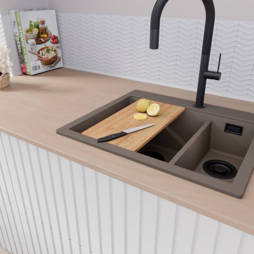 HD Aspen Tortora 58 kétmedencés gránit mosogatótálca, vágódeszkával, tortora színben, matt fekete leeresztő szifonnal