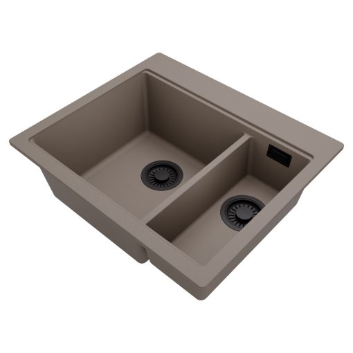 HD Aspen Tortora 58 kétmedencés gránit mosogatótálca, vágódeszkával, tortora színben, matt fekete leeresztő szifonnal