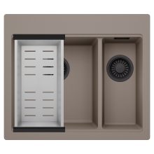 HD Aspen Tortora 58 kétmedencés gránit mosogatótálca szett, acél csepegtetőkosárral, tortora színben, matt fekete leeresztő szifonnal