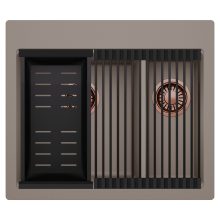 HD Aspen Tortora 58 kétmedencés gránit mosogatótálca szett, matt fekete csepegtetőráccsal és kosárral, tortora színben, szálcsiszolt réz leeresztő szifonnal