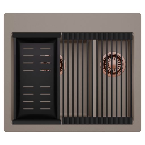 HD Aspen Tortora 58 kétmedencés gránit mosogatótálca szett, matt fekete csepegtetőráccsal és kosárral, tortora színben, szálcsiszolt réz leeresztő szifonnal