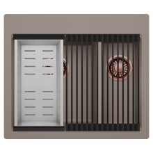 HD Aspen Tortora 58 kétmedencés gránit mosogatótálca szett, matt fekete csepegtetőráccsal és krómozott kosárral, tortora színben, szálcsiszolt réz leeresztő szifonnal