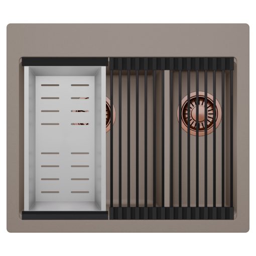 HD Aspen Tortora 58 kétmedencés gránit mosogatótálca szett, matt fekete csepegtetőráccsal és krómozott kosárral, tortora színben, szálcsiszolt réz leeresztő szifonnal