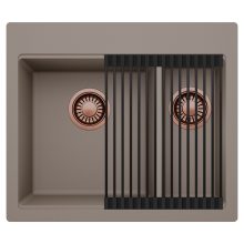 HD Aspen Tortora 58 kétmedencés gránit mosogatótálca szett, matt fekete csepegtetőráccsal, tortora színben, szálcsiszolt réz leeresztő szifonnal