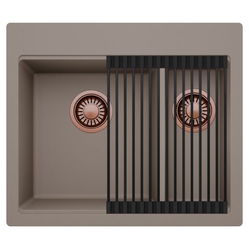 HD Aspen Tortora 58 kétmedencés gránit mosogatótálca szett, matt fekete csepegtetőráccsal, tortora színben, szálcsiszolt réz leeresztő szifonnal