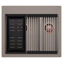 HD Aspen Tortora 58 kétmedencés gránit mosogatótálca szett, acél csepegtetőráccsal és matt fekete kosárral, tortora színben, szálcsiszolt réz leeresztő szifonnal