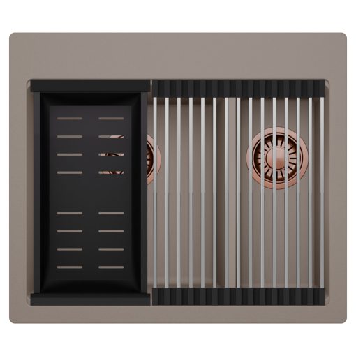 HD Aspen Tortora 58 kétmedencés gránit mosogatótálca szett, acél csepegtetőráccsal és matt fekete kosárral, tortora színben, szálcsiszolt réz leeresztő szifonnal