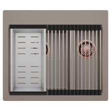 HD Aspen Tortora 58 kétmedencés gránit mosogatótálca szett, acél csepegtetőráccsal és kosárral, tortora színben, szálcsiszolt réz leeresztő szifonnal