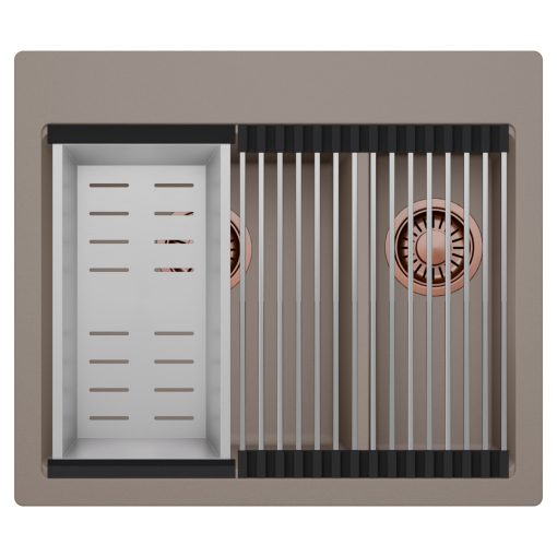 HD Aspen Tortora 58 kétmedencés gránit mosogatótálca szett, acél csepegtetőráccsal és kosárral, tortora színben, szálcsiszolt réz leeresztő szifonnal