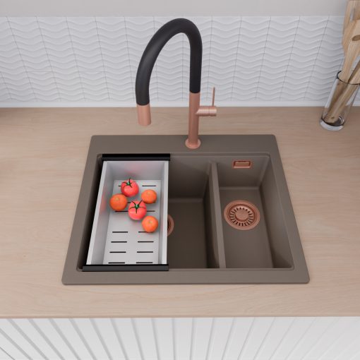 HD Aspen Tortora 58 kétmedencés gránit mosogatótálca szett, acél csepegtetőráccsal és kosárral, tortora színben, szálcsiszolt réz leeresztő szifonnal
