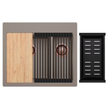 HD Aspen Tortora 58 kétmedencés gránit mosogatótálca szett, vágódeszkával, matt fekete csepegtetőráccsal és kosárral, tortora színben, szálcsiszolt réz leeresztő szifonnal