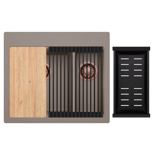 HD Aspen Tortora 58 kétmedencés gránit mosogatótálca szett, vágódeszkával, matt fekete csepegtetőráccsal és kosárral, tortora színben, szálcsiszolt réz leeresztő szifonnal