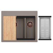 HD Aspen Tortora 58 kétmedencés gránit mosogatótálca szett, vágódeszkával, matt fekete csepegtetőráccsal és krómozott kosárral, tortora színben, szálcsiszolt réz leeresztő szifonnal