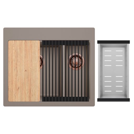 HD Aspen Tortora 58 kétmedencés gránit mosogatótálca szett, vágódeszkával, matt fekete csepegtetőráccsal és krómozott kosárral, tortora színben, szálcsiszolt réz leeresztő szifonnal