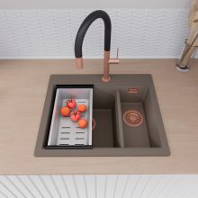 HD Aspen Tortora 58 kétmedencés gránit mosogatótálca szett, vágódeszkával, matt fekete csepegtetőráccsal és krómozott kosárral, tortora színben, szálcsiszolt réz leeresztő szifonnal