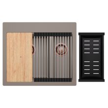 HD Aspen Tortora 58 kétmedencés gránit mosogatótálca szett, vágódeszkával, acél csepegtetőráccsal és matt fekete kosárral, tortora színben, szálcsiszolt réz leeresztő szifonnal