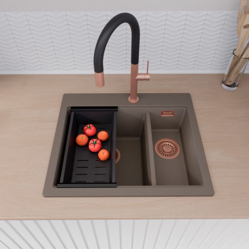 HD Aspen Tortora 58 kétmedencés gránit mosogatótálca szett, vágódeszkával, acél csepegtetőráccsal és matt fekete kosárral, tortora színben, szálcsiszolt réz leeresztő szifonnal