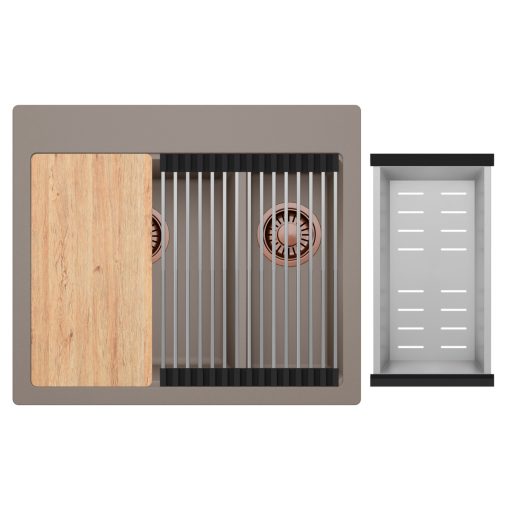 HD Aspen Tortora 58 kétmedencés gránit mosogatótálca szett, vágódeszkával, acél csepegtetőráccsal és kosárral, tortora színben, szálcsiszolt réz leeresztő szifonnal