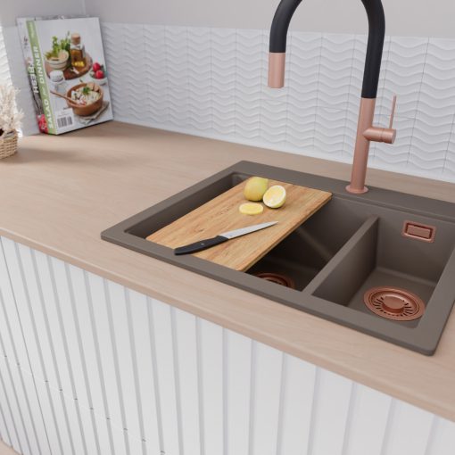 HD Aspen Tortora 58 kétmedencés gránit mosogatótálca szett, vágódeszkával, acél csepegtetőráccsal és kosárral, tortora színben, szálcsiszolt réz leeresztő szifonnal